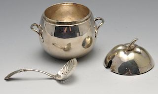 A selection of plated ware to include a novelty apple condiment pot by Mappin & Webb, spirit kettle,