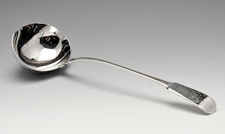 A George IV silver soup ladle in Fiddle pattern with initialled terminal. Hallmarked Richard Poulden