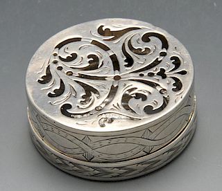 A continental pomander box, possibly nineteenth century, the circular form with engraved sides and f