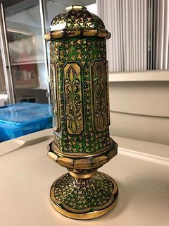 MAGNIFICENT GREEN GOLD MOSER GOBLET WITH LID