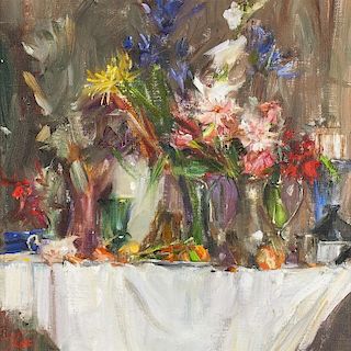 Laura Robb | b. 1955 | Still Life on a White Tablecloth