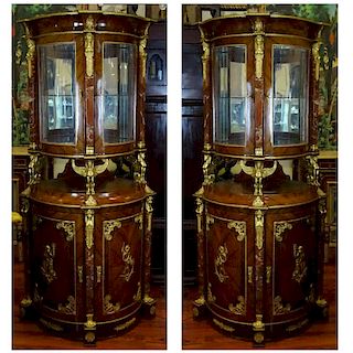 Pair of Modern Empire Style Figural Bronze Mounted Vitrines. Rouge marble columns, marquetry design, bowed glass