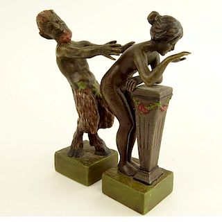 Antique Bergmann Erotic Cold Painted Vienna Bronze 2 Piece "Satyr and Nymph"