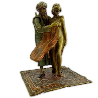 Early 20th Century EaBergmann Erotic Cold Painted Vienna Bronze "Man Revealing Nude Girl"