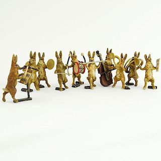 Early 20th Century Bergmann Cold Painted Vienna Bronze 10 Piece Miniature Rabbit Orchestra.
