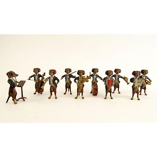 Early 20th Century Bergmann Cold Painted Vienna Bronze 10 Piece Miniature Dachshund Orchestra.