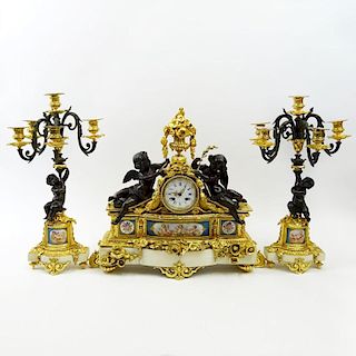 Late 19th C Louis XVI Style French Figural 3 Piece Ormolu Mounted Marble Clock Garniture Set