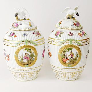 Pair late 19th C KPM Hand Painted Porcelain Lidded Vases.