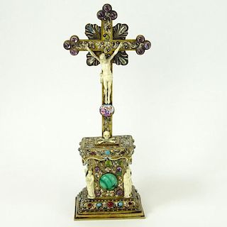 Antique Austrian Silver, Ivory and Gemstone Enameled Crucifix in Fitted Box. Carved ivory figures.