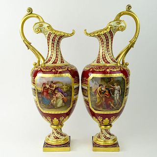 Pair 19/20th Century Royal Vienna Hand Painted Bolted Ewers.
