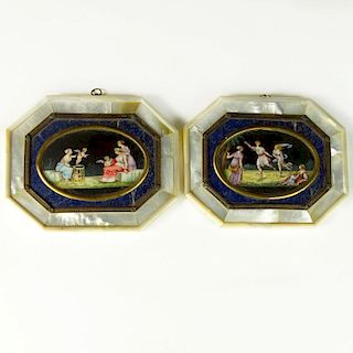 Pair of 18/19th Century Italian Hand Painted Miniature Paintings Set in Lapis and Mother Of Pearl Frames.
