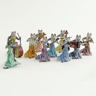 Mid 20th Century Bergmann Cold Painted Vienna Bronze 10 Piece Miniature Lady Cat Orchestra.