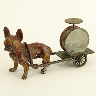 Early 20th century Bergmann Cold Painted Vienna Bronze French Bull Dog Pulling Drum Cart. Signed with “B”
