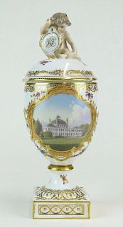 Hand Painted Royal Copenhagen Porcelain Covered Urn with Hand Painted Topographical Scene of Fredensborg