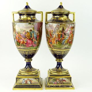 Pair of Large Hand Painted Royal Vienna Porcelain Lidded Urns.