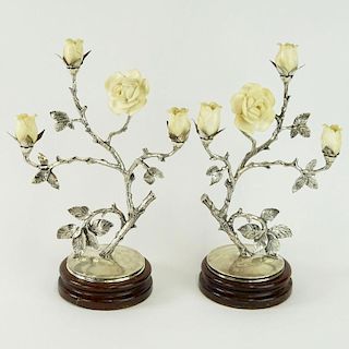 Pair Antique French Silver and Carved Ivory Candelabra Depicting Flowering Rose Branches.