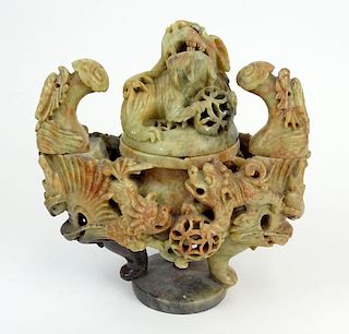 Chinese Carved Soapstone Incense Burner with Figural Buddhist Lion Finial.