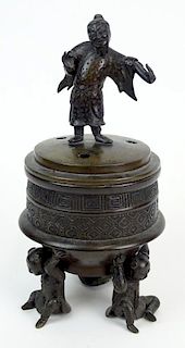 Japanese Bronze Incense Burner with Figural Standing Man as Finial. Unsigned.