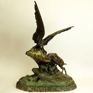 E. Drouot, French (19th C) Bronze sculpture "Eagle and Mountain Goats on Rocky Outcrop" Signed at base. Green patina. Good condition. Measures 31-1/2"