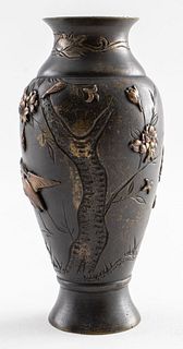 Japanese Meiji Bronze Diminutive Vase w Cranes