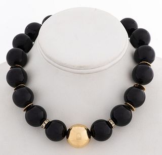 18K/14K Yellow Gold Onyx & Diamond Bead Necklace