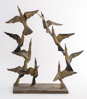 Modern Brutalist Manner Flying Birds Bronze Statue