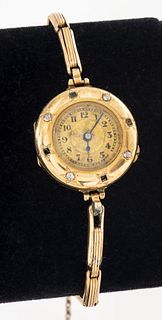 Victorian 14K Gold Diamond & Emerald Lady's Watch