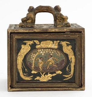 Chinese Portable Drop Front Carved Wood Chest