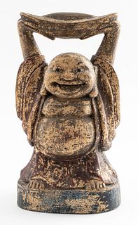 Asian Wooden Standing Happy Buddha Statue