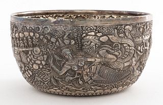 Thai Silver Repousse Bowl w Suvannamacha & Hanuman