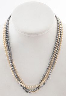 Four Strand 3mm White & Dyed Grey Pearl Necklace