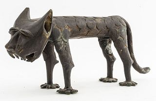 African Benin Bronze Leopard Cat Sculpture