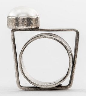 Vintage Modernist Silver Geometric Mabe Pearl Ring