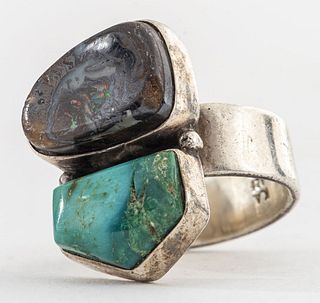 Vintage Silver Black Boulder Opal & Turquoise Ring