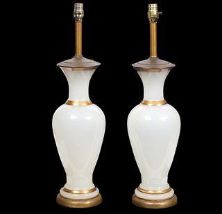 Pr. French Opaline & Gilt Highlighted Table Lamps