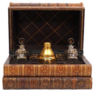 Large French Leather-bound Book Tantalus Set