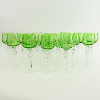Lot of 16 Bohemian Cut Glass Wine Hocks in Green.