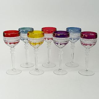 Set of 7 Baccarat Style Colored Cut Crystal Wine Hocks. Unsigned