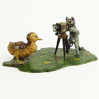 Geschutz Vienna Cold Painted Bronze Group "Cat Taking Photo of Ducks"