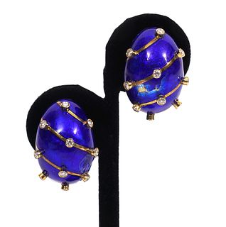 14K YG, Diamond & Cobalt Blue Enamel Clip Earrings