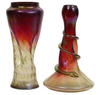 2 Attr. Loetz Iridescent Art Glass Vases