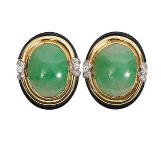 14K YG Jade, Enamel & Diamond Earrings