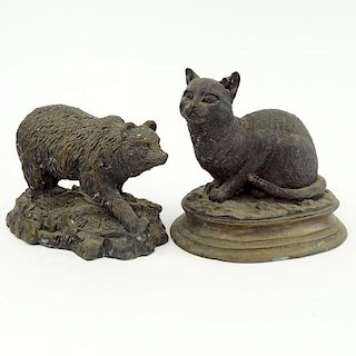 Lot of 2 Antique Animal Bronzes. Bear and Cat.