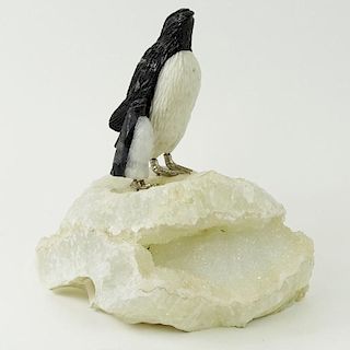 Peter Muller, Swedish (B. 1952) Carved Quartz and Obsidion Penguin Mother and Chick Group