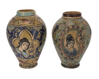 Two Persian painted and glazed ceramic vases