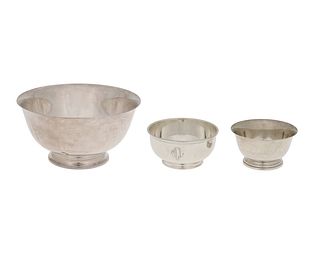 Three Paul Revere-style sterling silver bowls