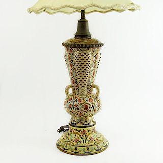 Vintage Fischer Pottery Lamp. Reticulated, handled. Crazing throughout