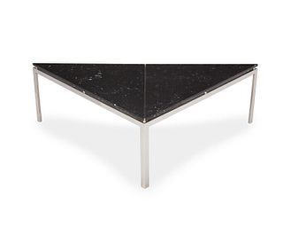 A triangular chrome and marble cocktail table