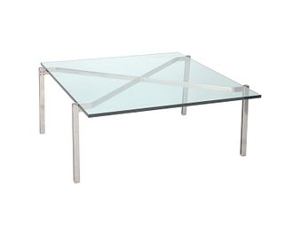 A Milo Baughman-style chrome and glass cocktail table