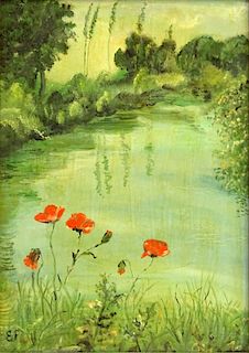 Elizabeth Fuchs (20th C) Oil on canvas board "Landscape with Flowers"